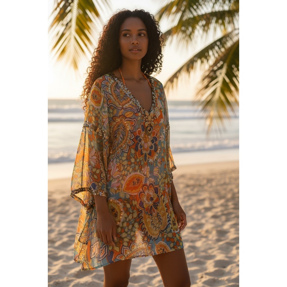 Beauregard X M Paisley Sequin Embellished V-Neck Tunic cover up  Blue Orange